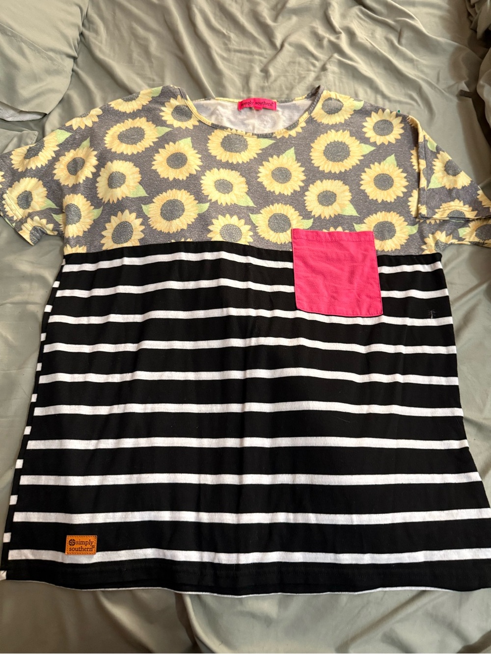 Simply Southern Gray & Yellow Sunflower Top with Black Stripes and Pink Pocket